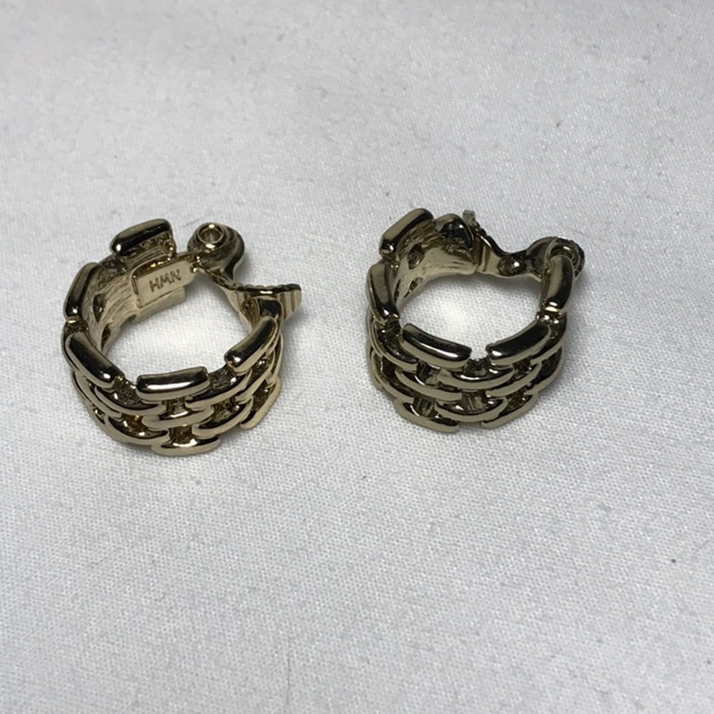 HMN clip on earrings, hoop style, basket weave texture, light gold tone